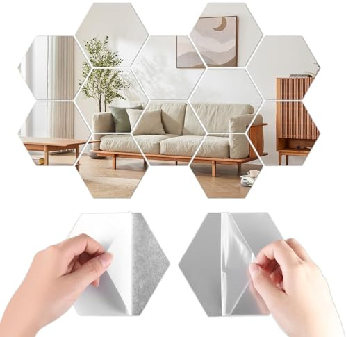 Sechseckiger Spiegel - 12 Stück Selbstklebend Hexagon 3D Spiegelwand Sechseck Acryl für Kinderzimmer, Schlafzimmer, Wohnzimmer Sofa TV Einstellung Wand DIY Dekor