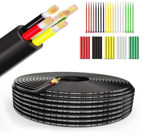 Wirelume 22AWG 5x0,3 mm² Elektrisk ledning 5-kärnig kabel 5V/12V/24V tvinnad PVC-strömkabel 30FT/9,14M Lågspänning förtent kopparkabel Rund mantel Tunnvägg fuktig rumskabel för LED-bilmarin