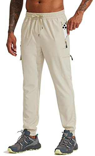 WILLIT Joggingbyxor för män, vandringsbyxor, resor, joggingbyxor, sportbyxor, lätta snabbtorkande utomhus, löparbyxor, vandring med dragkedjefickor, kaki, M