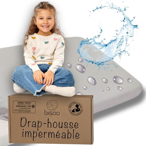 Bisoo Drap Housse 90x190 Impermeable - Alese 80x180-2en1 Drap Housse tege Matelas Reglable Impermeable pour Lit Montessori Enfant - 100% Jersey Oeko-Tex - 1 Drap Impermable Gris 190x90 CM