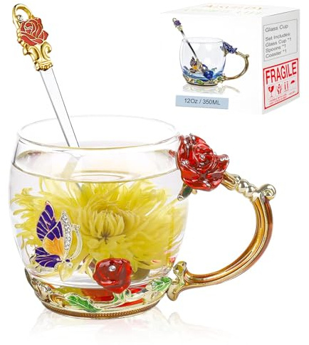 Taza de té de flores, taza de café de cristal con margaritas de mariposa con cuchara, caja de regalo para su mamá, esposa, abuela, niñas, amigas, San Valentín, Navidad, cumpleaños, idea de regalo para