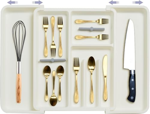ZHUIYIWIN Portaposate da Cassetto Espandibile, Organizzatore per Cassetto Cucina Regolabile con Scomparti per Posate e Coltelli (Bianco-RX)