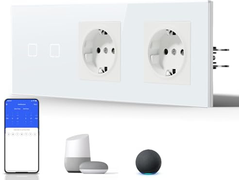 BSEED Interruptor Táctil de Pared Inteligente,Panel de Cristal,Pulsador con Pilotitos LED,Fáciles de Limpiar,E-Series,2 Gang 1 Vía + 2 Enchufes,228mm Blanco