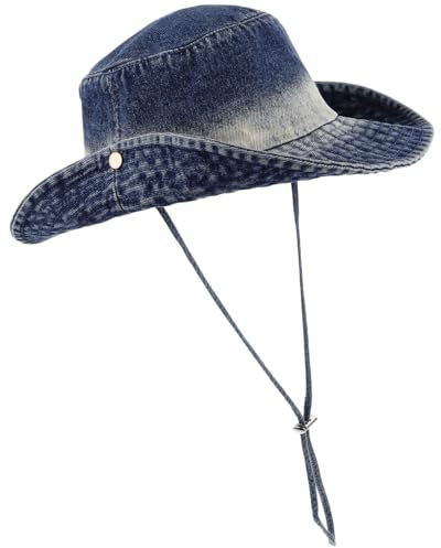 Toddmomy Denim fiskarhatt för män och kvinnor vikbar solhatt med brett brätte och hakrem för strand utomhusaktiviteter och fiske