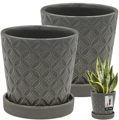 KOTARBAU® Lot de 2 pots de fleurs avec soucoupe - Gris - Diamètre : 13 cm - Hauteur : 15 cm - En céramique émaillée - Grand pot de fleurs pour cactus avec soucoupe