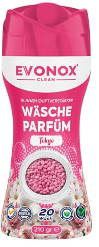 EVONOX Clean Tokyo Parfum de linge, pivoine rose et bois de santal, parfum de linge frais printanier, parfum de bien-être durable, 3 x parfum durable, 20 lavages, végétalien (210 g)