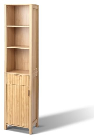 LEADZM Meuble de Salle de Bain, Meuble de Rangement, Armoire sur Pied, avec 1 tiroir 1 Porte 3 Compartiment Ouvert, 39 x 29,5 x 173 cm, pour Salle de Bain, Salon, Salle à Manger (39x29,5x173cm)