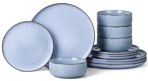 Onader 12 Piece Dinner Set, Reactive Glaze Stoneware Dinnerware for 4 People, Elegant Plates and Bowls Sets for Kitchen Christmas Camping, Scratch Resistant, Microwave & Dishwasher Safe - Lagoon Blue
