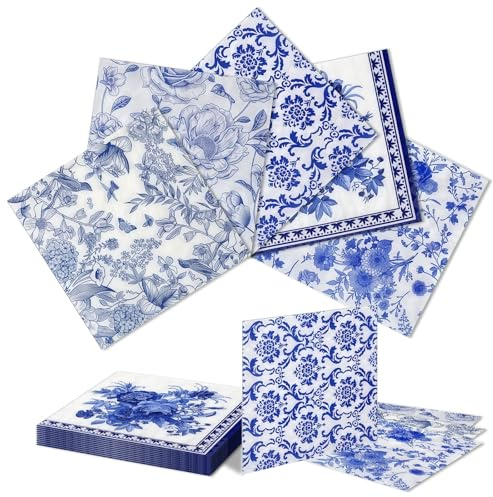 Kotkiddy 50 Stück Servietten Set mit 5 Stilvollen Blumenmotiven Vintage Chinoiserie Cocktail Papierservietten für Geburtstag Hochzeit Party Dekoration 33 cm