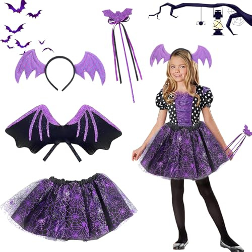 Costume de Chauve Souris Fille, 4pcs Déguisement Halloween Chauve-Souris Fille avec Chauve-Souri s Tutu, Ailes, Serre-Tête, Baguette Magique, Costume Ailes ChauveSouris pour Halloween Carnaval Cosplay