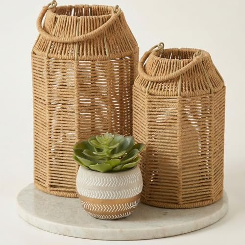 Natural Jute Boho Lanterns - Handcrafted Coffee Table Decor to Enhance Your Home - Modern Decorative Farmhouse Beauty for Any Living Room, Patio & Porch, Indoor and Outdoor or Kitchen Dining Table