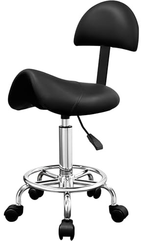 Tythical Rolling Saddle Stool with Wheels, Ultra Soft Padded Seat with backrest, 360° Swivel, Spa Drawing Salon Work Office Tattoo Stool, Black