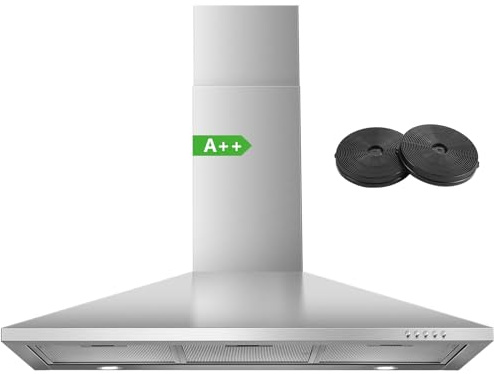 SNDOAS Hotte Aspirante 90cm, Hotte de Cuisine 350 m³/h, Classe A++ Hotte en Acier Inoxydable, Filtres à Charbon Inclus, 3 Niveaux de Vitesse, LED, Hotte Murale Evacuation ou Recyclage