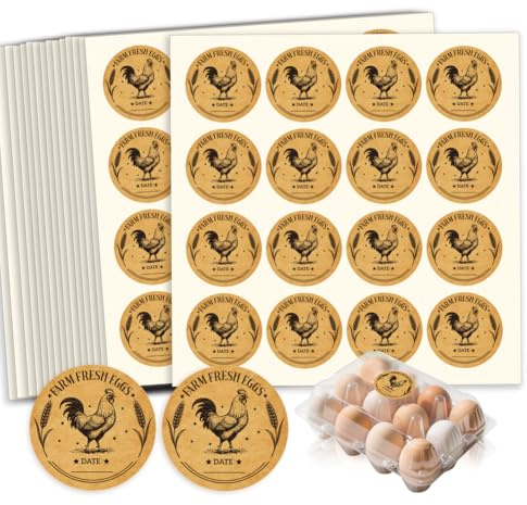 GOMAKERER 320 Stk. Hühnereierkarton Etiketten Runde Retro Aufkleber Aus Kraftpapier Mit Dem Aufdruck Frische Eier Vom Bauernhof Wasserfest Selbstklebend Für Eierverpackungen Karton Landwirtschaftliche