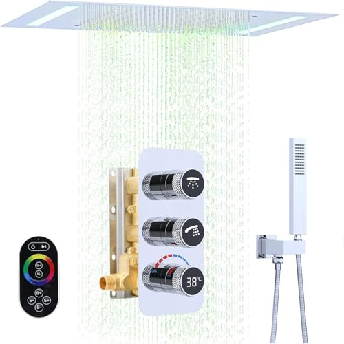 Luxury Shower Faucets Set Digital Shower System 20X14Inch Led Modern Rainfall Shower with Handheld Run Simultaneously, Chrome Shower Fixture with Glowing Icon Temperature Display Brass Valve