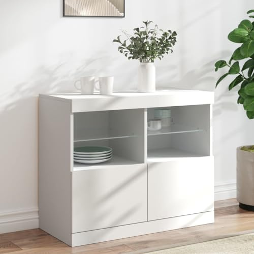 YNGBHFNOP Buffet TV Moderne Blanc avec Lumières LED RGB, Meuble de Rangement Salon 81x37x67 cm en Bois Ingénierie, Étagère pour Décor, Console pour Télévision et Espace de Stockage Organisé