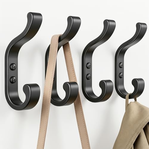 4 Pack Heavy-Duty Metal Double Coat Hooks, Black, Up to 13.5 kg, Wall-Mount