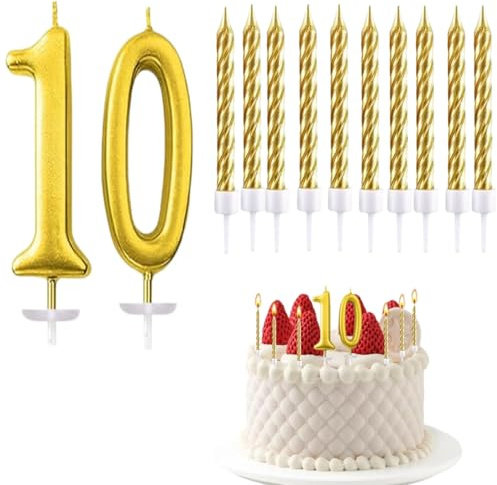 FUyanen Set av Ljus med Siffror, Ljus Nummer 10 Gul Glitter 3D, 10 Stycken Födelsedagsljus, Födelsedagstårtljus, Ljus för Tårtor för Anniversariumsdekorationer