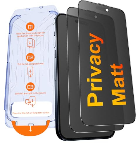 Kuteja Matt Panzerglas Sichtschutz für iPhone 15 Pro [2 Stück], 9H Härte Anti Spähen Full Screen Matte Schutzfolie, Automatische Staubentfernung Folie, Anti-Fingerabdruck, Blendschutz