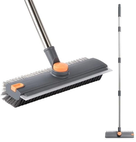 Floor Scrubbing Brush with Adjustable Long Handle Stiff Bristle Brush with Squeegee Cleaning Bathroom Shower Patio Garage Pool Outdoor Concrete Broom for Deck Driveway Yard Patio Wood Stone Tile Grey