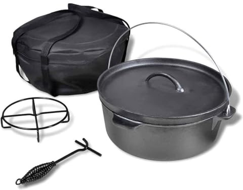 vidaXL 11.3 Litre Dutch Oven - Cast Iron, Comes with Lid Lifter, Stand and Carry Bag - Ideal for Cooking, Baking and Frying - Durable and Portable