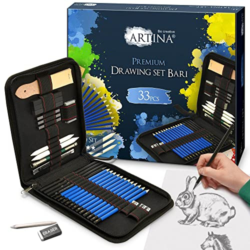 Artina 33tlg Bleistifte Set Bari - Zeichenset Zeichenstifte mit 12 Bleistiften, 3 Kohlestiften, 1 Graphitstift - Skizzierstifte Set mit viel Zubehör & Tasche - Bleistifte Set zum Zeichnen