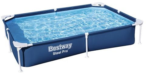 Bestway Steel Pro 87 Inch x 59 Inch x 17 Inch Rectangular Metal Frame Above Ground Outdoor Backyard Swimming Pool, Blue (Pool Only)