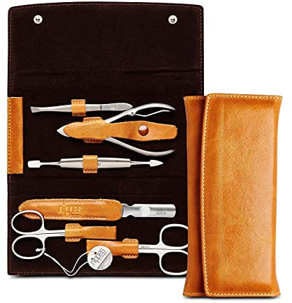 nippes Solingen, Premium Line Maniküre Set, Cognac, Braun, 6 teilig, Edelstahl rost- und nickelfrei, Rindsleder Etui mit Druckknopf, Nagelschere, Nagelpflege | rost- und nickelfrei, handgefertigt, Made in Germany, Hautschere, Nagelschere, Saphirfeile, Pinzette, Doppelinstrument