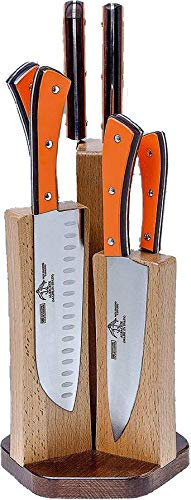 Sonpó Online - Taco Magnético de Madera de Haya, incluye 6 Piezas Serie Phenolkraff Naranja. Juego de cocina, con hojas de acero inoxidable mangos de phenolkraff naranja y madera
