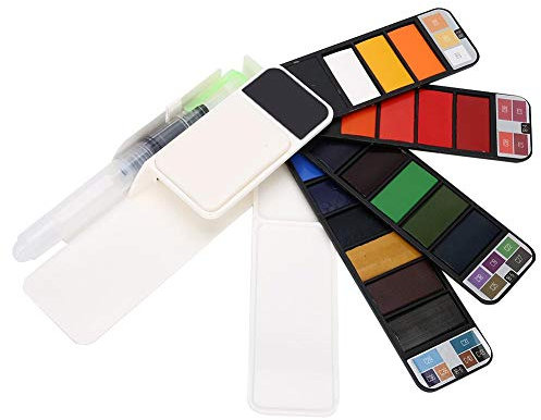 Watercolor Paint Set, 18 Colors Foldable Fan Shaped Solid Watercolor Pigments with Water Brush Palette for Artists Students Students Beginners