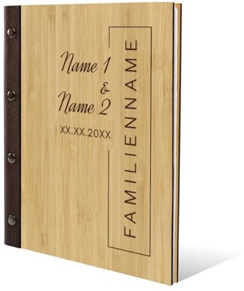 Stammbuch Bambus Cover Gravur individuell mit Echtleder Rücken und Extras A5 hoch 175x220mm - Familienname