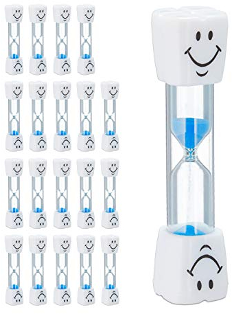 Relaxdays 20 x Sanduhr Zähneputzen, Zahnputzuhr für Kinder, Zahnputz Timer 3 Minuten, Kurzzeituhr lautlos, Glas/Sand, weiß-blau