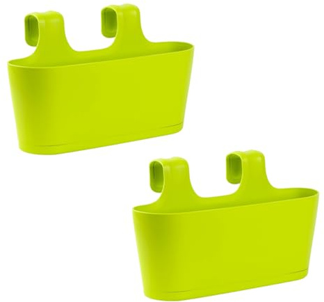 Gariella - 2 x Blumenkasten in Grün, Hängekasten, Geländer-Montage, Balkon, Außenbereich, 5,5 L, oval, Kunststoff, Übertopf, Pflanzkasten, Blumentopf zum Hängen, Wasserspeicher/Untersetzer