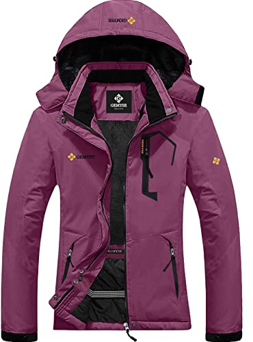 GEMYSE Chaqueta de Esquí Impermeable de Montaña para Mujer Abrigo de Invierno de Lana Antiviento con Capucha (Rosa Palo,L)