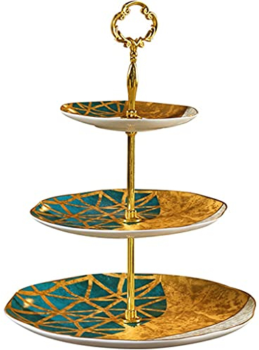 ZYCSKTL Soporte para Tartas 3 Pisos,Soporte De Pastel De Cerámica En Forma De Flor Retro Europeo, Estante De Dulces De Postre De Línea Geométrica Creativa, Decoración De Escritorio