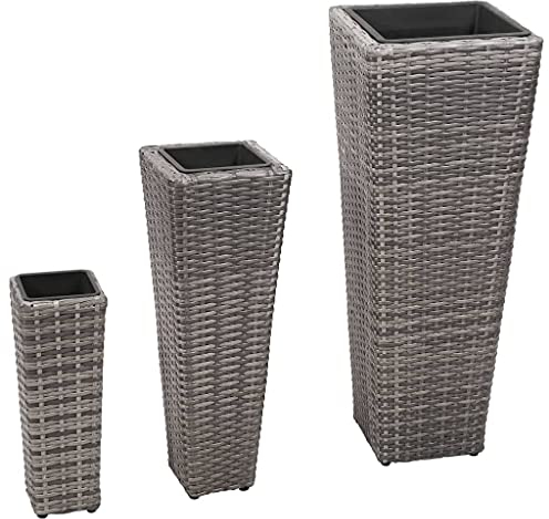 (Blitzlie ferung) Kunststoff Pflanzkübel Set Garten Blumentopf Kräuterbeet DIY Blumenkasten im Rattan, Blumenkübel Pflanztrog Garten-Hochbeet 3-TLG. Poly Rattan Grau