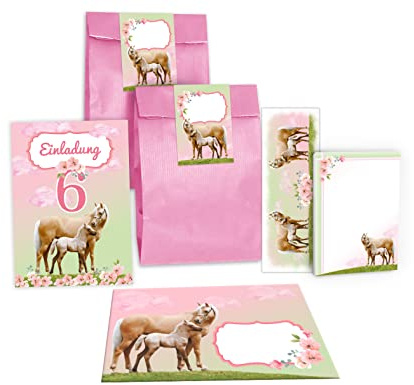 Junapack 12 Einladungskarten zum 6. Kindergeburtstag sechste Geburtstag Mädchen Pferd mit Fohlen incl. 12 Umschläge, 12 Tüten/rosa, 12 Aufkleber, 12 Lesezeichen, 12 Blöcke