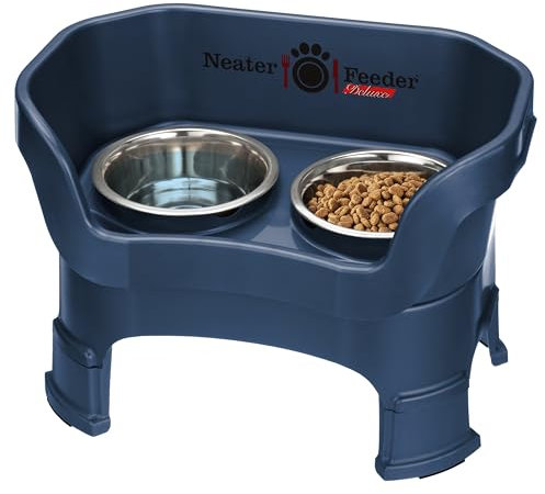 Neater Feeder Deluxe Mess-Proof Elevated Dog Bowls for Medium Dogs (19–40 lbs), 2 Height Adjustable (10” & 12.5”) No-Spill Raised Dog Bowl Stand, Stainless Steel Food Bowl Set, Made in USA, Dark Blue