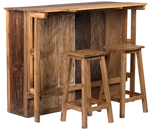 Rustikaler BARSCHRANK Aruba | 110x140x69 cm (HxBxT), Bartisch mit 2 Barhockern, Massivholz | Bartheke, Holz Weintheke, Minibar, Verkaufstresen, Hausbar, Empfangstheke, Bartresen, Haustheke