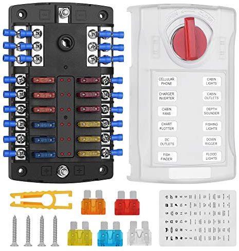12 Wege Sicherungskasten Blatt Sicherungskasten-Halter Auto ATO/ATC | Wasserdicht, Mit Sicherung, LED-Anzeige, Schutzhülle