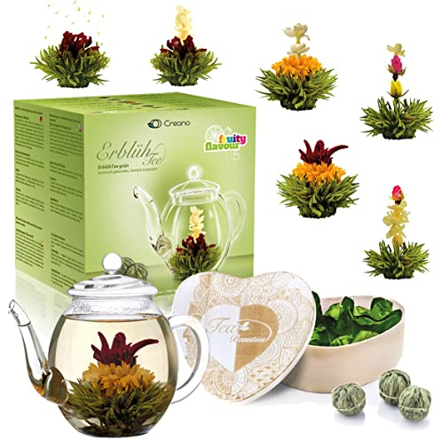 Creano Coffret cadeau Fleurs de Thé, mélange de fleurs de thé dans une boîte en bois en forme de cœur - 6 types de thé vert incl. théière en verre 500ml, cadeau pour femme, maman, amateur de thé