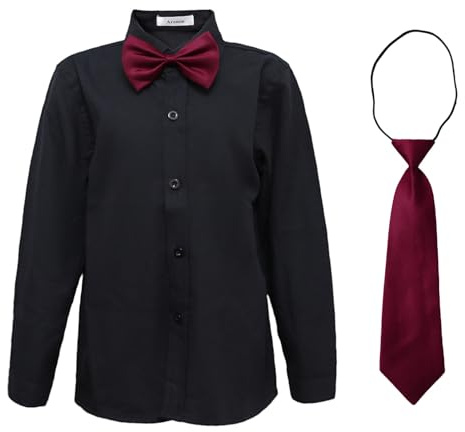 aromm Camisa Niño Uniforme Escolar con Corbata y Pajarita Abotonar Formal Manga Larga Sólido Oxford Camisa Negro, 2-3 Años