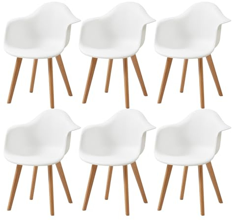 HJhomeheart Esszimmerstühle mit Armlehnen, 6er-Set, Moderne Design-Sessel, Beine aus Buchenholz, Skandinavische Küchenstühle (Weiß)