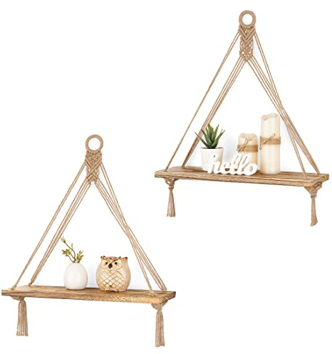 Mkono Juego de 2 estantes colgantes de macramé, decoración de pared, estilo bohemio, estantes flotantes de madera rústica para dormitorio, baño, sala de estar, guardería, dormitorio, estantería de