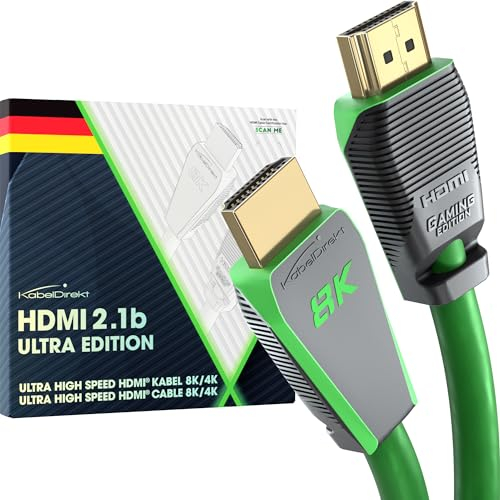 KabelDirekt – Câble 8k HDMI 2.1, édition certifiée Gamer – 1 m (Ultra High Speed/48G pour 10k, 8k ou 144 Hz ultra rapide en 4k, optimal pour PS5/Xbox et Gaming PC, moniteur/TV, vert)