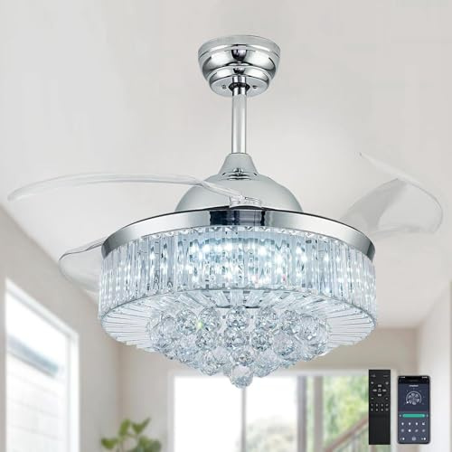 Ventilador de techo Fandelier de 42 pulgadas con luz, ventilador de araña retráctil, aspas invisibles, ventilador de techo de cristal regulable para dormitorio, sala de estar, comedor