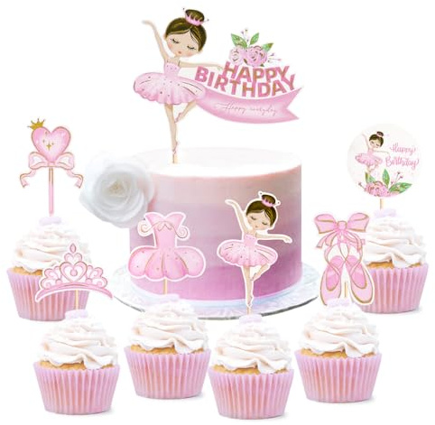 Guoguonb Ballettmädchen Tortendekorationen 1 Groß Happy Birthday Cake Topper und 6 Stück Ballett-Thema Cupcake für Erbin Hübsches Mädchen Kuchen Deko Geburtstagsparty Dekoration