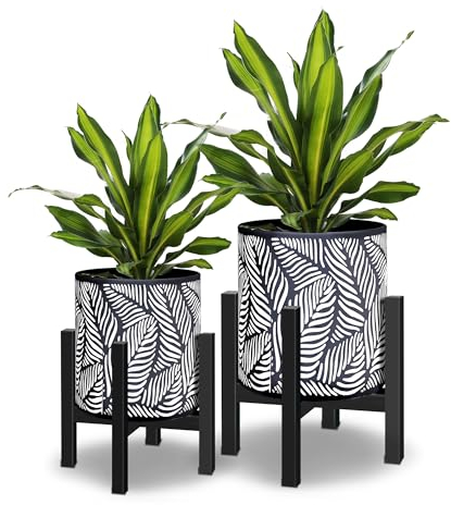 10 & 12 Inches Plant Pot with Stand Set of 2, Decorative Palm Leaves Printing Planter with Holder, Garden Pot for Snake Plant, Monstera, Houseplants - Indoor Outdoor Flower Pots with Drainage Holes