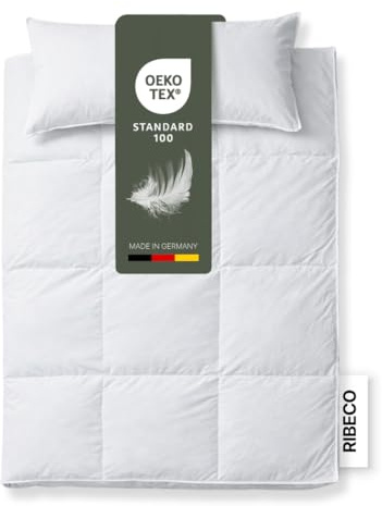 RIBECO GERMANY Daunenbettdecke Johanna 135x200 cm & Kopfkissen 40x80 cm Set | Wärmeklasse: extrawarm, Daunendecke & Kopfkissen aus Federn & Daunen, hausstauballergikerfreundlich, Made in Germany