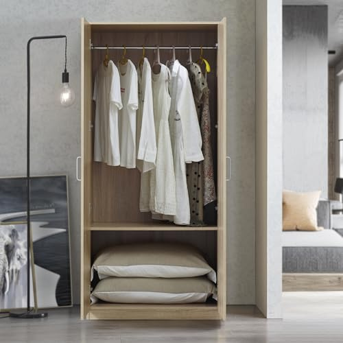 [en.casa] Armadio Guardaroba per Camera da Letto Armadio Chiuso con Ante Scomparto e Asta Appendiabiti 176 x 80 x 52 cm MDF, Effetto Rovere Sonoma